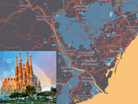 On this picture you can see the map of Barcelona, in colors of the Sagrada familia that is located in Barcelona